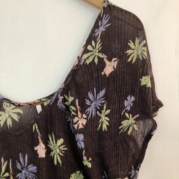 FREE PEOPLE Brown Periwinkle Floral Ribbed Knit V-Neck Short Sleeve Y2K Blouse - Picture 5 of 11
